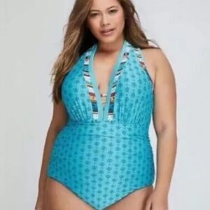 Cacique Swim One Piece Plunge in Turquoise Blue size 44C